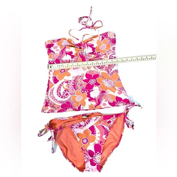 Old Navy Vintage Y2K Mod Pink and Orange Floral Halter Bandeau Tankini Set - Picture 8 of 10